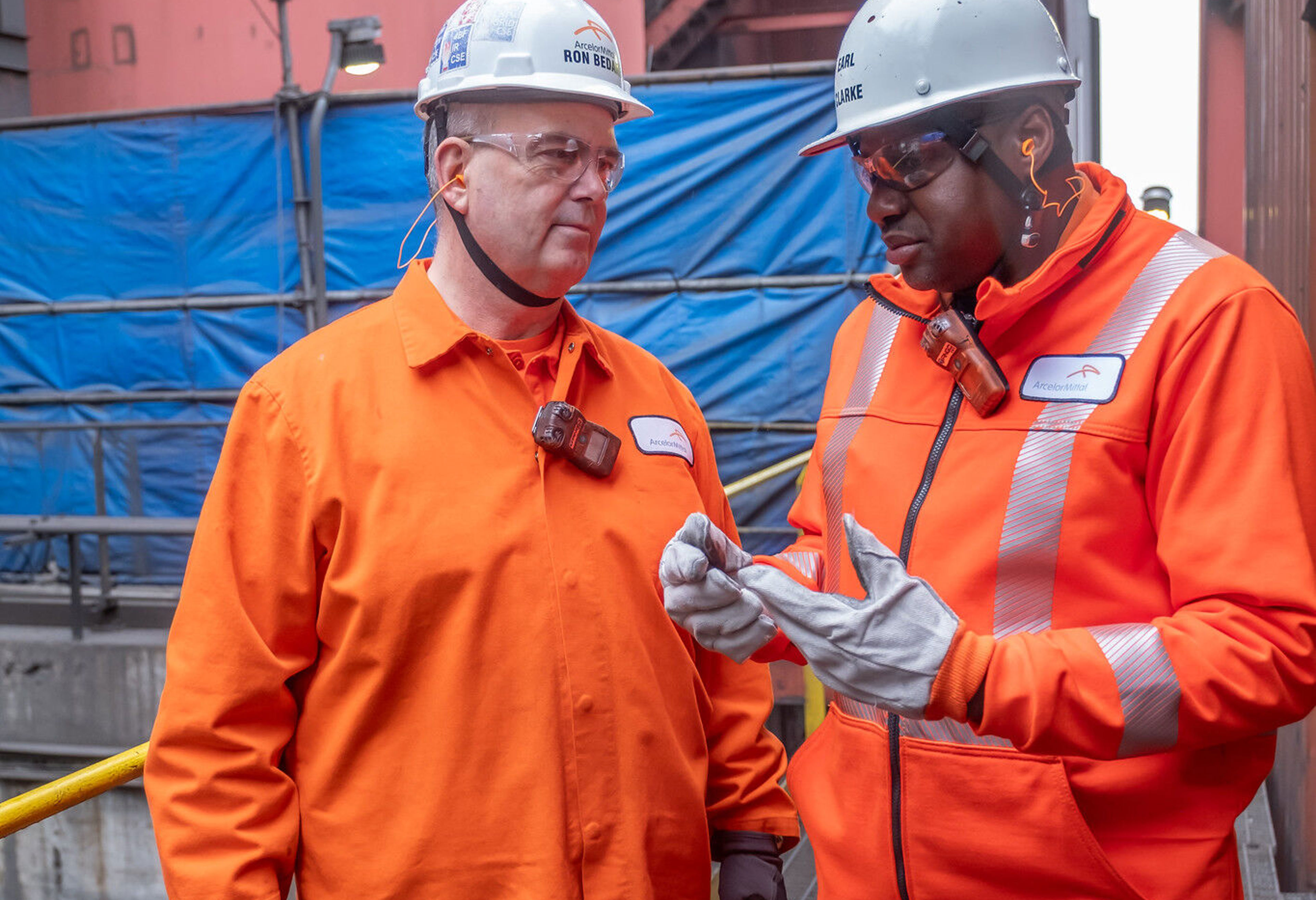 ArcelorMittal Dofasco President and CEO, Ron Bedard speaking with an employee