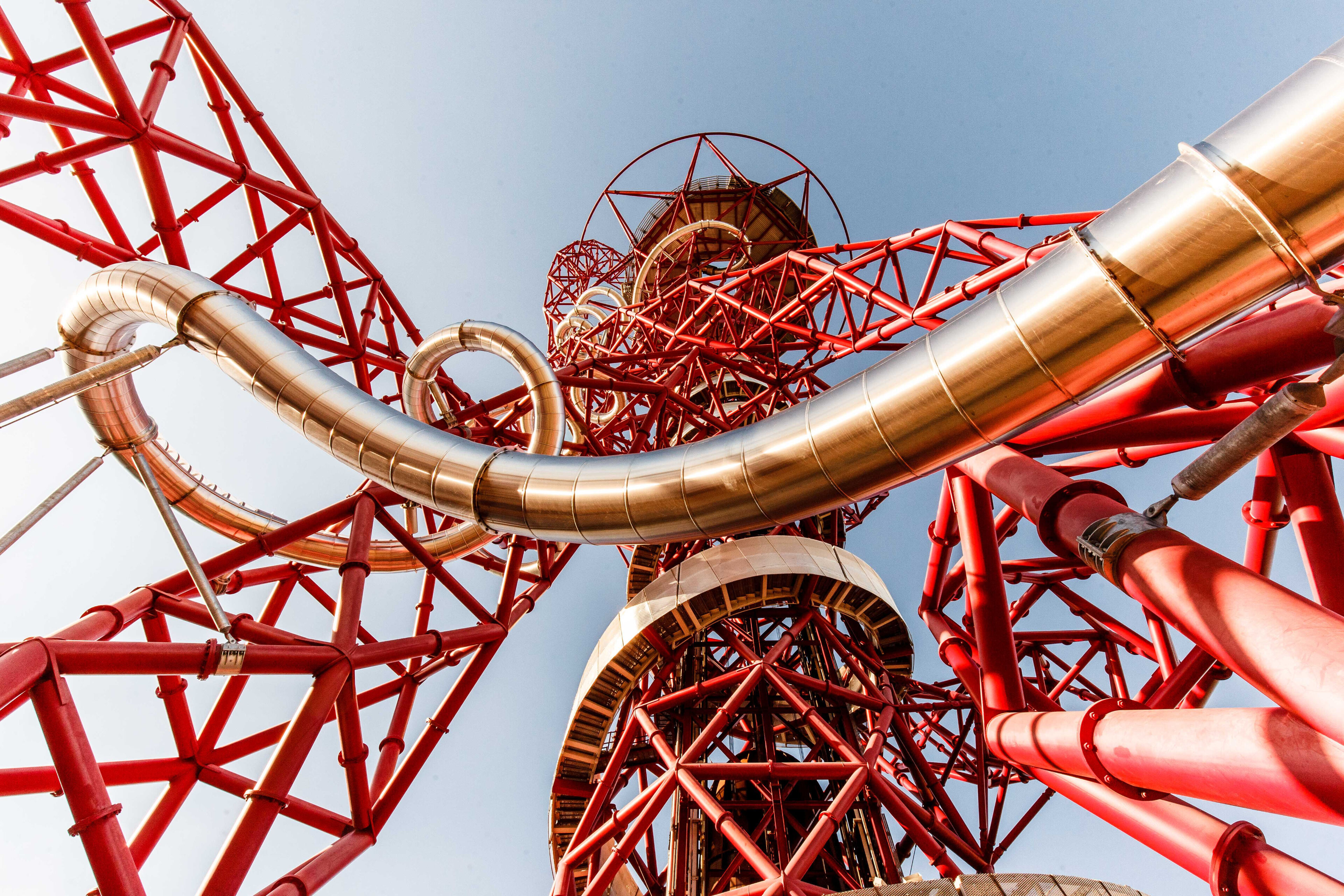 Close-up of the ArcelorMittal Orbit's red steel structure