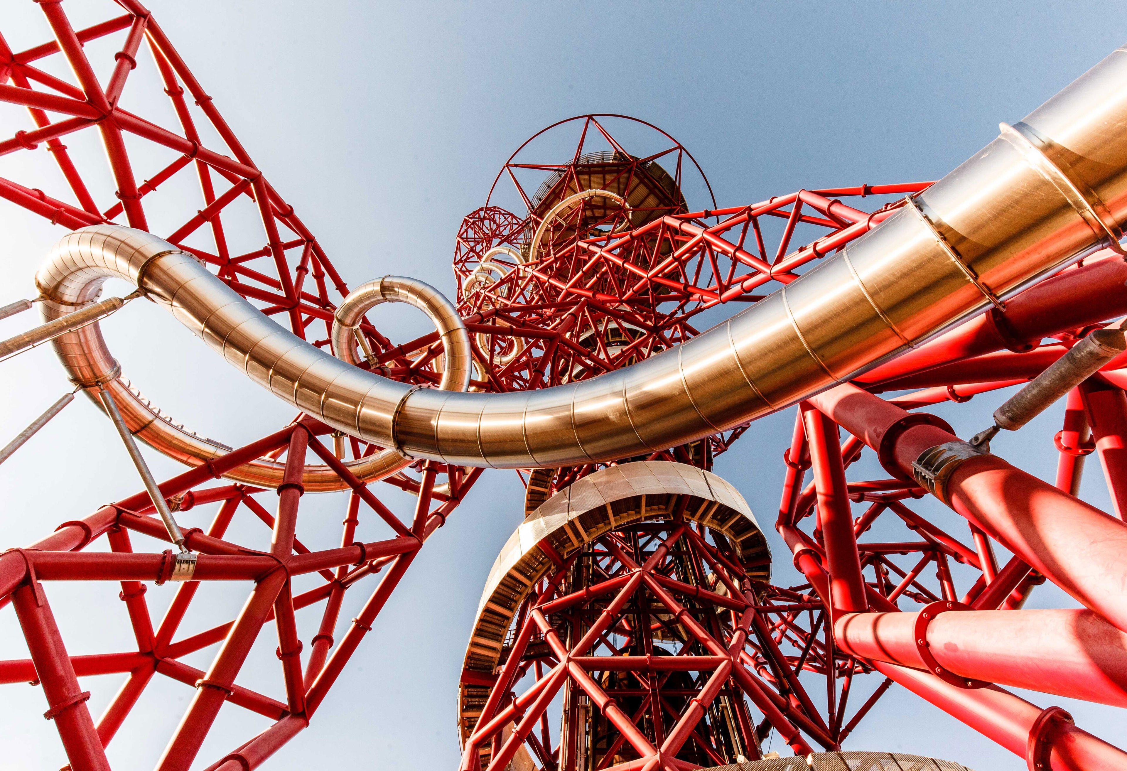 Close-up of the ArcelorMittal Orbit's red steel structure