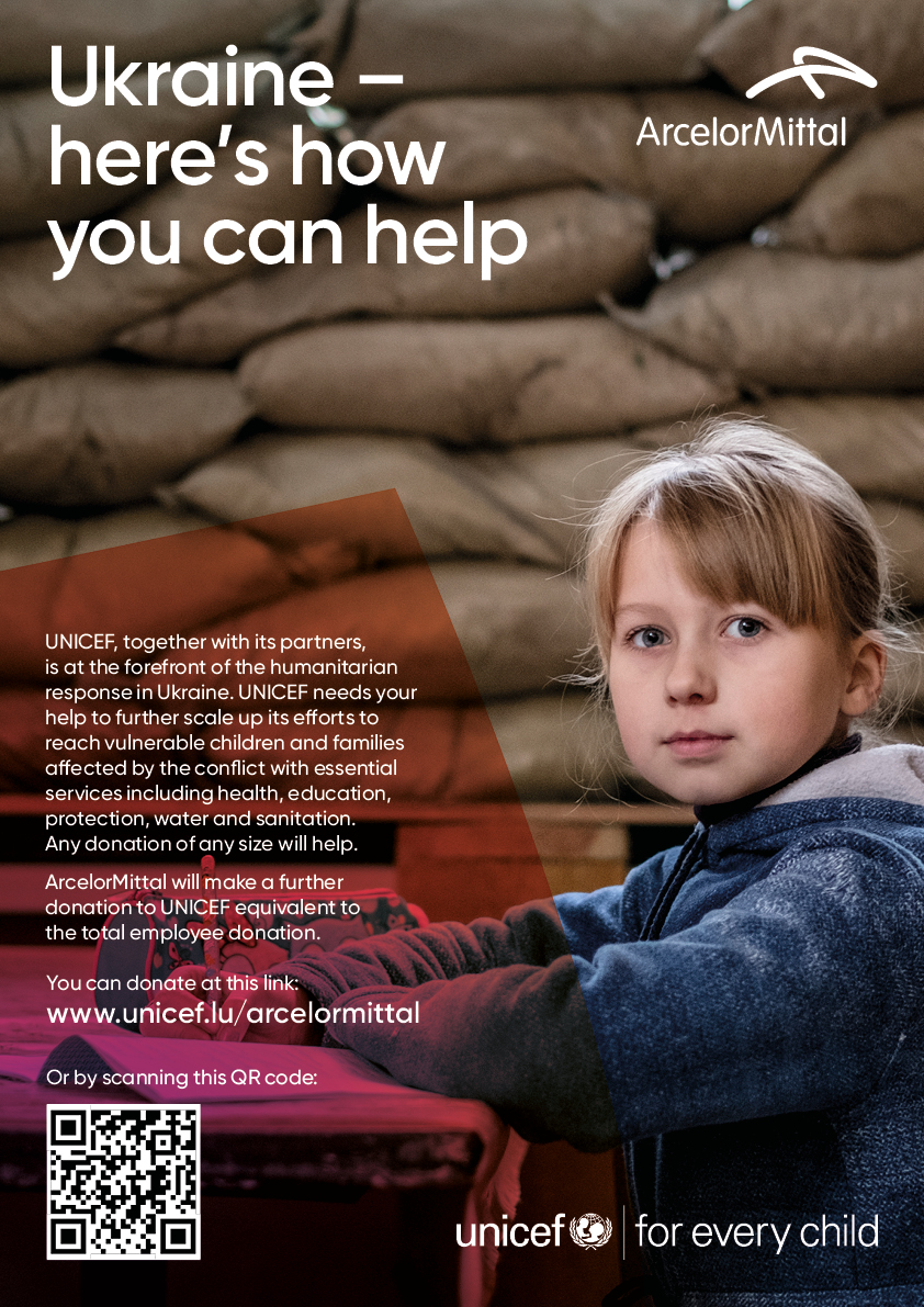 ArcelorMittal and UNICEF Ukraine fundraising campaign poster